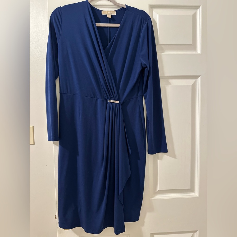 Royal Blue Michael Kors Size L Stretchy Faux Wrap-Around Dress w/ Hardware Logo